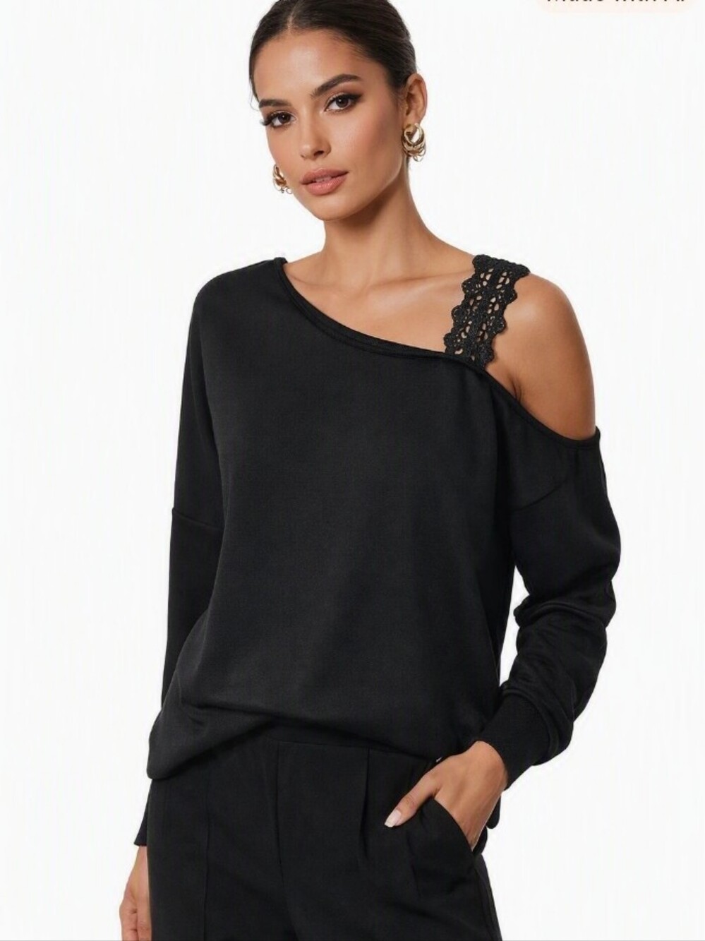 Black One-Shoulder Lace-Trim Women’s Pullover Sweatshirt 0XL